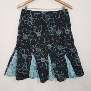 Vintage 90s Canvasbacks Black Aqua Floral Print Pleated Midi Skirt Size 6 Boho